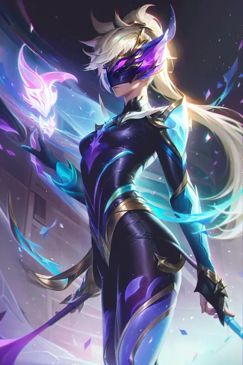 lolsplashart, empyrean lux skin, 1girl, solo, long hair, bangs, blonde hair, ponytail, weapon, white hair, pants, official alternate costume, mask, glowing, black pants