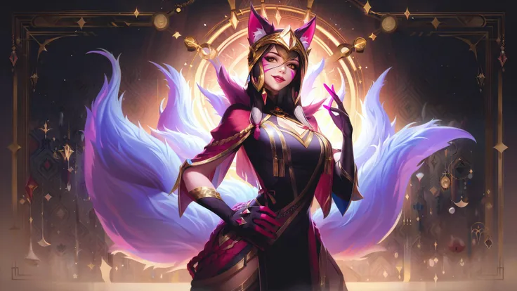 lolsplashart, arcana ahri skin, 1girl, solo, long hair, breasts, looking at viewer, smile, large breasts, gloves, animal ears, tail, fox ears, bodysuit, fox tail, glowing, helmet, multiple tails