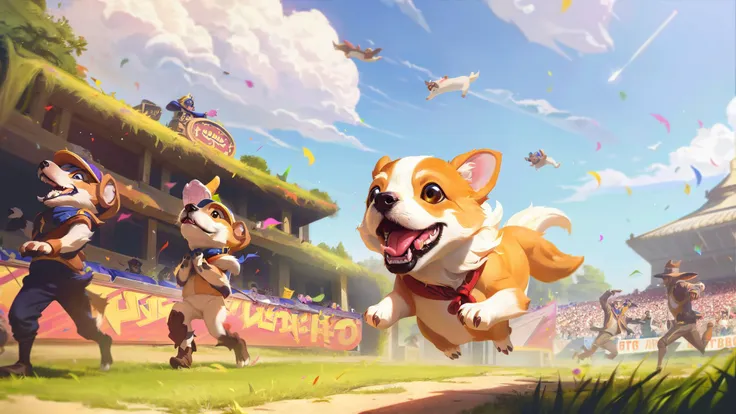 lolsplashart, april fools fizz corgi skin, smile, open mouth, multiple girls, hat, weapon, outdoors, multiple boys, sky, teeth, alternate costume, day, tongue, cloud, tree, facial hair, fangs, grass, running, confetti, yordle