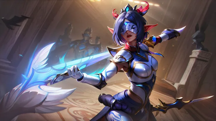 lolsplashart, porcelain kindred skin, 1girl, solo, long hair, breasts, bangs, hair ornament, long sleeves, holding, closed mouth, blue hair, weapon, teeth, alternate costume, pointy ears, pants, sword, indoors, armor, official alternate costume, mask, dragon