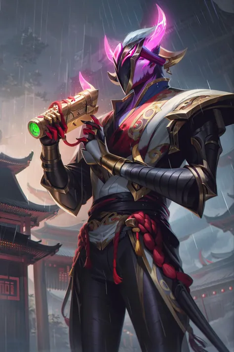 lolsplashart, blood moon jhin, solo, red eyes, 1boy, holding, jacket, weapon, male focus, outdoors, horns, sky, pants, cloud, holding weapon, armor, gun, mask, night, glowing, moon, helmet, cloudy sky, shoulder armor, gauntlets, holding gun, night sky, glowing eyes, smoke, rain, architecture, east asian architecture