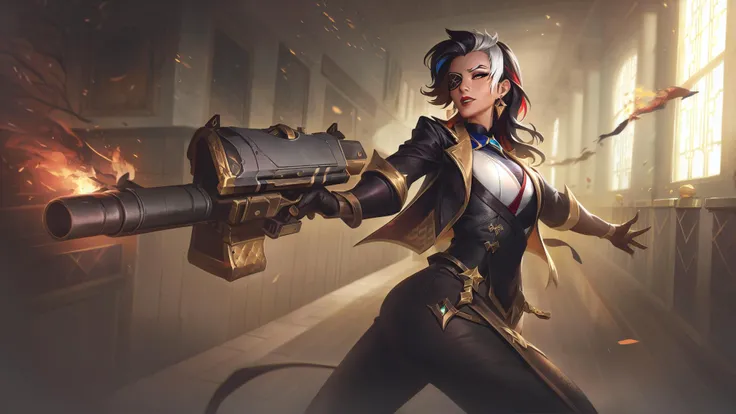 lolsplashart, high noon samira skin, 1girl, solo, long hair, breasts, black hair, gloves, holding, jewelry, medium breasts, jacket, weapon, braid, white hair, multicolored hair, earrings, boots, black gloves, pants, indoors, holding weapon, two-tone hair, gun, eyepatch, holding gun, aircraft, firing