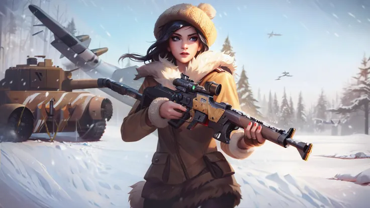 lolsplashart, arctic warfare caitlyn update skin, 1girl, solo, long hair, blue eyes, black hair, hat, holding, weapon, holding weapon, gun, fur trim, military, rifle, snow, dog, aircraft, military vehicle, sniper rifle, fur hat