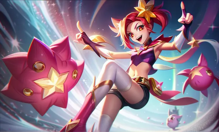 lolsplashart, jinx star guardian, 1girl, long hair, breasts, looking at viewer, smile, open mouth, bangs, hair ornament, red eyes, thighhighs, gloves, navel, bare shoulders, twintails, very long hair, :d, red hair, small breasts, boots, shorts, alternate costume, black gloves, elbow gloves, midriff, belt, fingerless gloves, armpits, bag, star (symbol), arm up, short shorts, alternate hairstyle, magical girl, pointing, yordle, star guardian, legs, glowing, adult female,   <lora:LoL_Splash:0.4>,riotstyle, splash-art, wallpaper, league of legends, lolsplashart, <lora:More details:0.1>