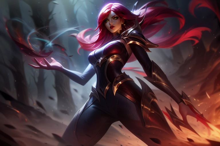 masterpiece, best quality ,1girl, anime, Long red hair ,green eyes ,Scar between eye, Black armor , pants ,Red lips , gloves , forest , night , Cinematic shot,katarina,bad-girl, mature female, dynamic pose, ,<lora:more_details:0.5>,riotstyle, splash-art, wallpaper, league of legends,explosionmagic,excessive energy,smoke,glowing aura