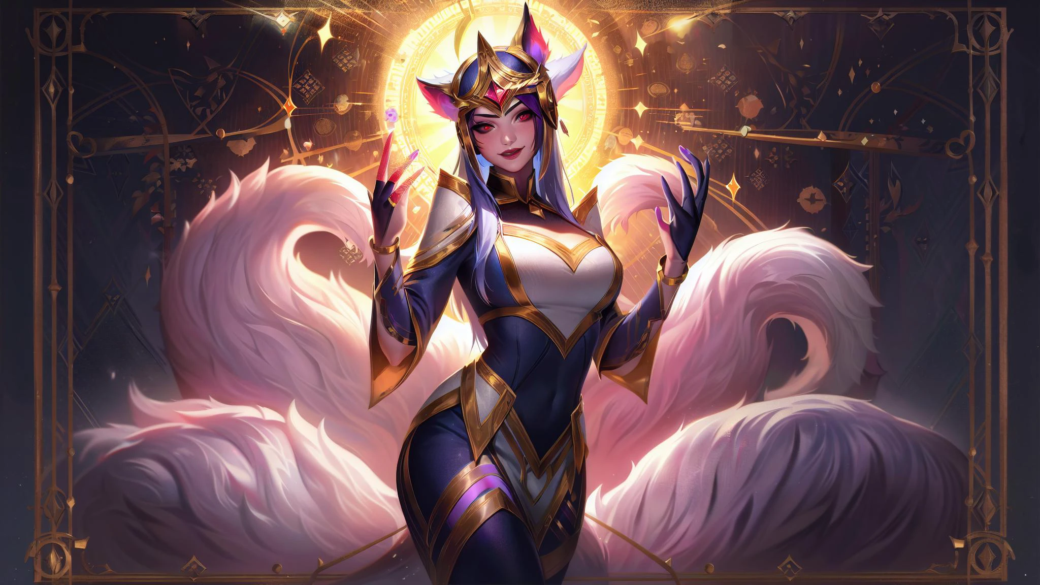 lolsplashart, arcana ahri skin, 1girl, solo, long hair, breasts, looking at viewer, smile, large breasts, gloves, animal ears, tail, fox ears, bodysuit, fox tail, glowing, helmet, multiple tails