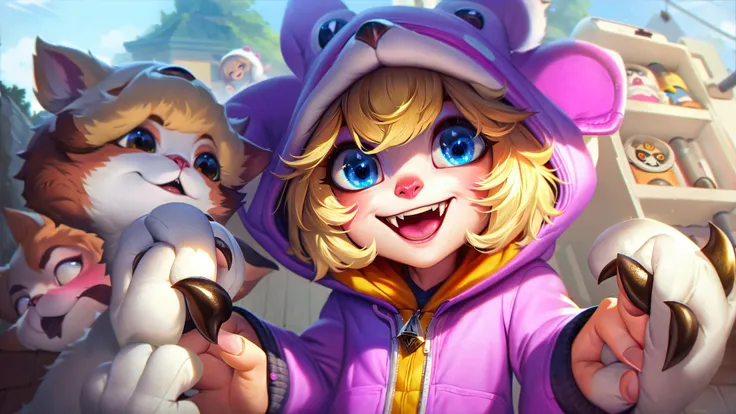 lolsplashart, pengu cosplay tristana, 1girl, looking at viewer, smile, short hair, open mouth, bangs, blue eyes, blonde hair, long sleeves, hat, holding, blue hair, jacket, :d, multicolored hair, open clothes, teeth, tongue, hood, blurry, open jacket, blurry background, colored skin, fangs, claws, hood up, animal hood, yordle