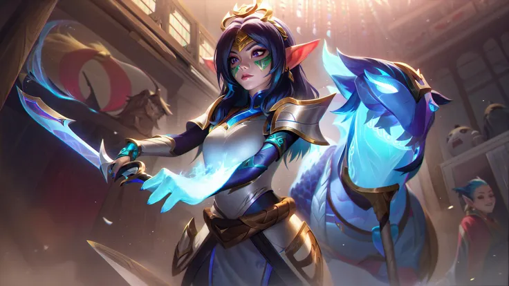 lolsplashart, porcelain kindred skin, 1girl, solo, long hair, breasts, bangs, hair ornament, long sleeves, holding, closed mouth, blue hair, weapon, teeth, alternate costume, pointy ears, pants, sword, indoors, armor, official alternate costume, mask, dragon