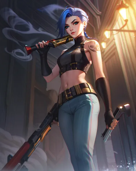 lolsplashart, arcane jinx skin, 1girl, solo, long hair, breasts, looking at viewer, bangs, gloves, navel, holding, bare shoulders, very long hair, closed mouth, blue hair, standing, weapon, braid, outdoors, midriff, striped, belt, pants, fingerless gloves, stomach, holding weapon, blurry, twin braids, crop top, gun, tattoo, blurry background, holding gun, brown gloves, asymmetrical bangs, arm tattoo, shoulder tattoo, striped pants, smoke, night, dark, low key