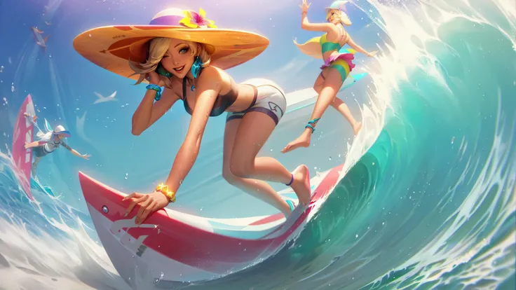 lolsplashart, pool party orianna, breasts, smile, short hair, blue eyes, multiple girls, blonde hair, brown hair, hair ornament, hat, 2girls, jewelry, hair flower, dark skin, water, hair over one eye, bracelet, official alternate costume, dark-skinned female, ocean, joints, watercraft, waves, pirate hat, shark, surfboard, dolphin