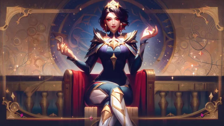 lolsplashart, arcana camille, 1girl, solo, breasts, looking at viewer, short hair, black hair, red eyes, holding, sitting, wings, crossed legs