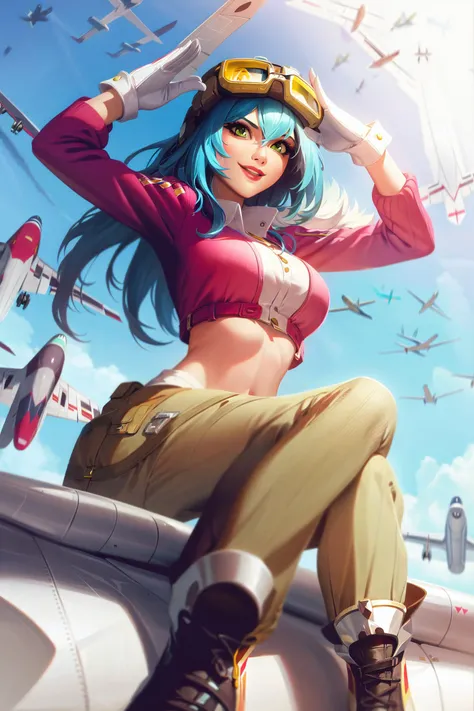 lolsplashart, irelia aviator, 1girl, solo, long hair, breasts, smile, gloves, navel, sitting, green eyes, blue hair, boots, sky, day, midriff, pants, cloud, rabbit ears, goggles, brown gloves, goggles on head, aircraft, salute, airplane