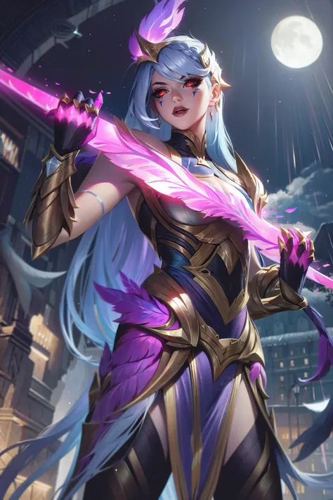 lolsplashart, dark valkyrie diana skin, 1girl, solo, long hair, breasts, red eyes, gloves, holding, very long hair, blue hair, weapon, sky, sword, cloud, holding weapon, armor, night, bird, moon, feathers, gauntlets