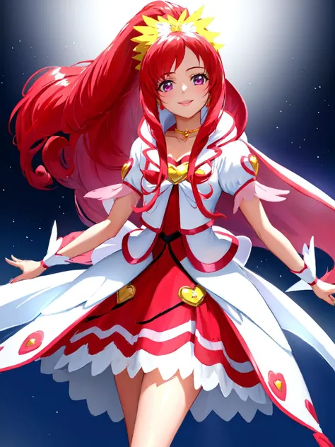 masterpiece, best quality, looking at viewer, depth of field, standing, cowboy shot,
1girl, <lora:locon_cure_ace_02:0.9>, cure ace, hair ribbon, red skirt, white jacket, wrist cuffs, heart brooch, kee boots, high ponytail,
smile, ((gradient background)), lens flare,