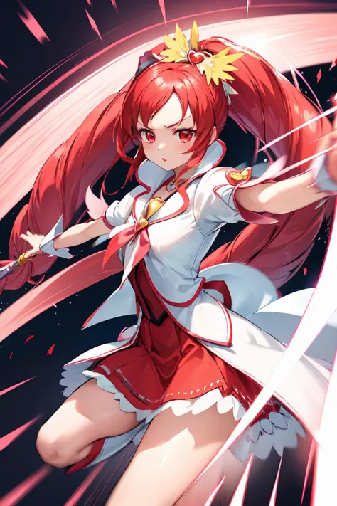 masterpiece,best quality,1girl,mature female,cure ace,hair ribbon,red skirt,white jacket,wrist cuffs,heart brooch,kee boots,high ponytail,red lips,petals,(serious),fighting stance,action pose,attack,red energy glowing,(motion lines,motion blur),blast wave,cowboy shot,<lora:locon_cure_ace_02:0.9>,<lora:Concept-control tool-add_detail-CyberAIchemist:0.9>,