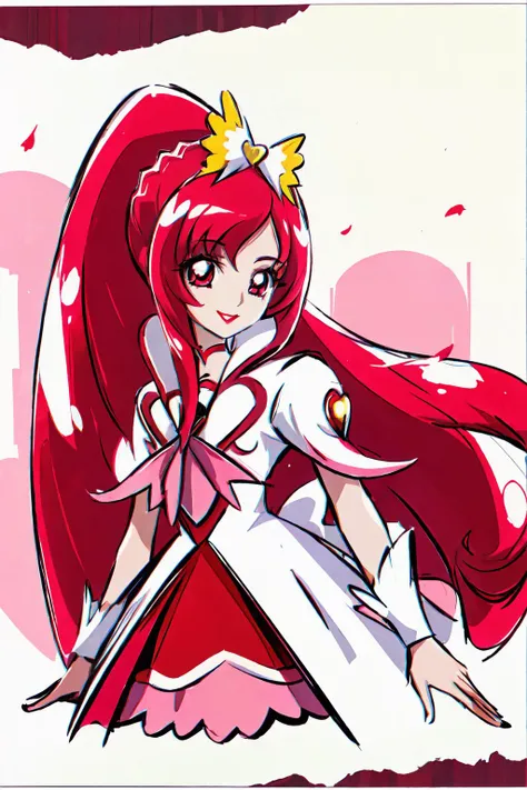 masterpiece,best quality,1girl,mature female,cure ace,hair ribbon,red skirt,white jacket,wrist cuffs,heart brooch,high ponytail,smile,red lips,petals,upper body,<lora:locon_cure_ace_02:0.9>,<lora:KamikitaV2:0.8>,