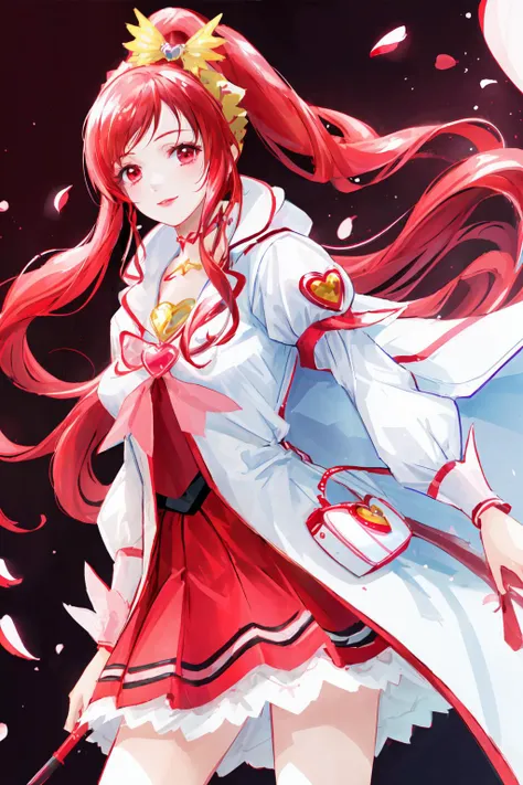 masterpiece,best quality,1girl,cure ace,hair ribbon,red skirt,white jacket,wrist cuffs,heart brooch,kee boots,high ponytail,red lips,petals,smile,red energy glowing,cowboy shot,((dutch angle)),<lora:locon_cure_ace_02:0.9>,<lora:Concept-control tool-add_detail-CyberAIchemist:0.9>,