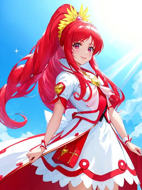 masterpiece, best quality, looking at viewer, depth of field, standing, cowboy shot,
1girl, <lora:locon_cure_ace_02:0.9>, cure ace, hair ribbon, red skirt, white jacket, wrist cuffs, heart brooch, kee boots, high ponytail,
smile, ((gradient background)), lens flare,