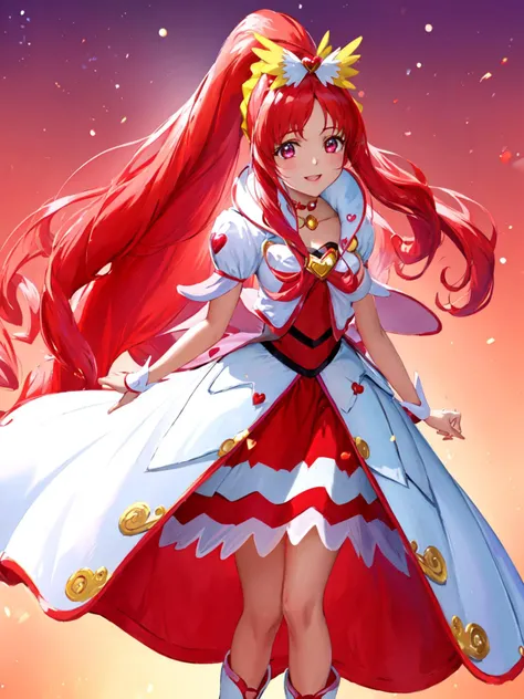 masterpiece, best quality, looking at viewer, depth of field, standing, full_body,
1girl, <lora:locon_cure_ace_02:0.9>, cure ace, hair ribbon, red skirt, white jacket, wrist cuffs, heart brooch, kee boots, high ponytail,
smile, ((gradient background)), lens flare,