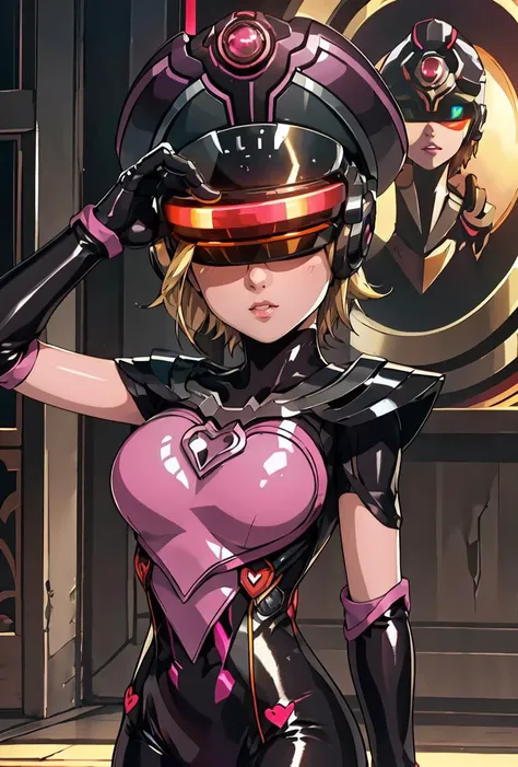 (masterpiece, best quality), 1girl, <lora:Immorta:0.8> Immorta, 1girl, solo, short hair, blonde hair, gloves, hat, heart, bodysuit, colored skin, purple skin, pink skin, helmet, head-mounted display
