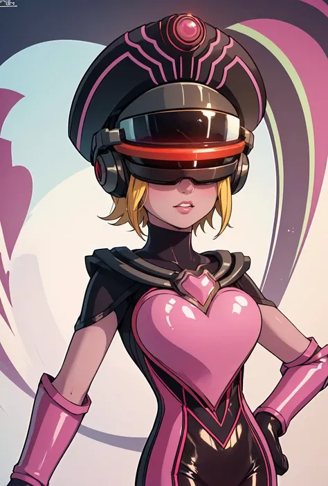 (masterpiece, best quality), 1girl,     <lora:Immorta:0.8> Immorta, 1girl, solo, short hair, blonde hair, gloves, hat, heart, bodysuit, colored skin, purple skin, pink skin, helmet, head-mounted display