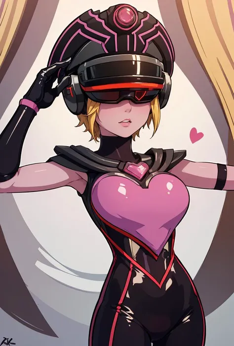 (masterpiece, best quality), 1girl, <lora:Immorta:0.8> Immorta, 1girl, solo, short hair, blonde hair, gloves, hat, heart, bodysuit, colored skin, purple skin, pink skin, helmet, head-mounted display