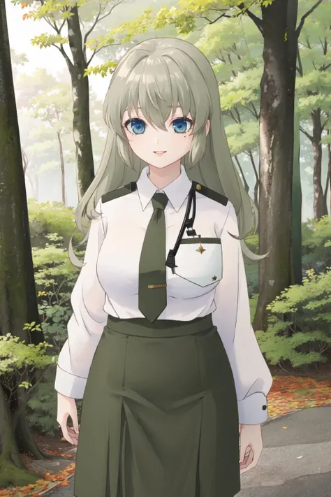 <lora:3ly3-10:0.6>, smile, lips, <lora:OotoriiAsuka-10:0.6>, ootorii asuka, mole under eye, military uniform, green skirt, pencil skirt, white shirt, collared shirt, green necktie, outdoors, forest