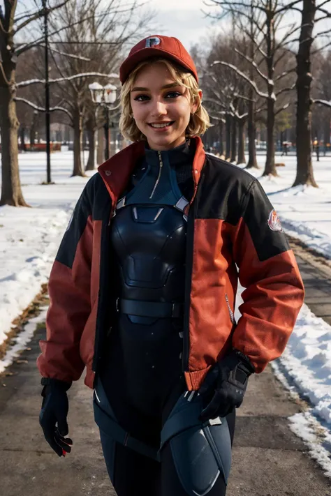 piperpace, cap, blonde hair, brown eyes, red jacket, bodysuit, fingerless gloves, looking at viewer, serious, smiling,standing, medium shot, outside, park, snow, snowing, trees, lake, winter, high quality, masterpiece, <lora:FN_Piper-DEF:.7>