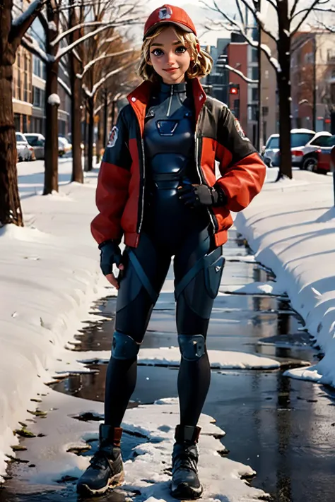 piperpace, cap, blonde hair, brown eyes, jacket, bodysuit, fingerless gloves, looking at viewer, serious, smiling, full body shot, standing, outside, park, snow, snowing, trees, scenic path, winter, high quality, masterpiece,  <lora:FN_Piper-DEF:.7>
