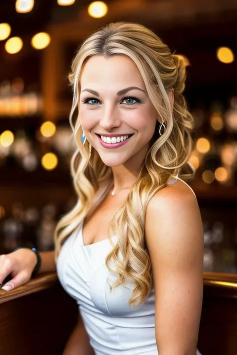 portrait photo of lczarniak beautiful woman hair updo upsweep nightclub sitting at bar (masterpiece) (best quality) (detailed) (8k) (HDR) (wallpaper) (cinematic lighting) (sharp focus) (intricate)