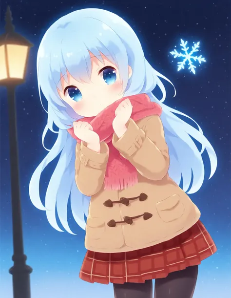 azsprinkle, 1girl, solo, depth of field, long hair, hair between eyes, blue hair, blue eyes, looking at viewer, blush, closed mouth, head tilt, hands up, red skirt, pleated skirt, black pantyhose, hair ornament, scarf, red scarf, long sleeves, brown jacket, brown coat, duffel coat, fringe trim, plaid, outdoors, night sky, night, snowflakes, lamppost