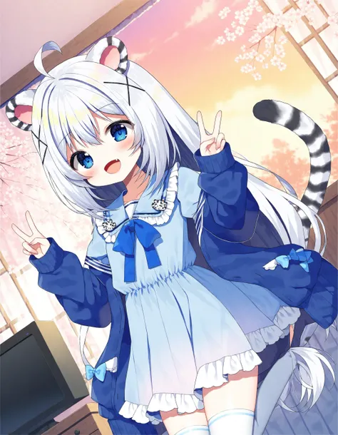 <lora:Myoya Cutiemagine 10i:1> asa no ha, 1girl, myoya, long hair, hair between eyes, ahoge, braid, X hair ornament, fang, blue jacket, open jacket, puffy sleeves, blue bow, blue dress, frilled sailor dress, white thighhighs, tiger tail, leaning back, bed, bedroom, window, light rays, dappled sunlight, sunset, dusk, autumn, cherry blossoms, v, double v, happy, smile, open mouth, bookshelf, television, potted plant