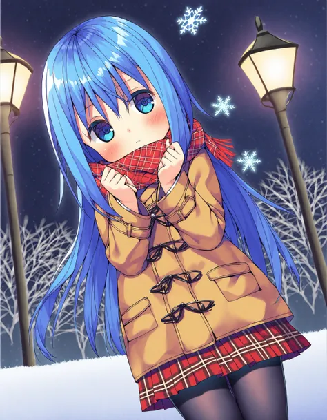 asa no ha, 1girl, solo, depth of field, long hair, hair between eyes, blue hair, blue eyes, looking at viewer, blush, closed mouth, head tilt, hands up, red skirt, pleated skirt, black pantyhose, hair ornament, scarf, red scarf, long sleeves, brown jacket, brown coat, duffel coat, fringe trim, plaid, outdoors, night sky, night, snowflakes, lamppost