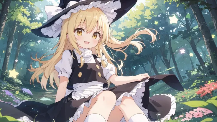 marisa kirisame, <lora:2_marisa_kirisame_v1:1>,close up,dynamic pose,dynamic angle,
blonde hair, yellow eyes, long hair, single braid, hair bow,witch hat, hat bow, turtleneck, puffy short sleeves, black vest, dress, waist apron, white socks, mary janes,
[lover's:friendly:0.2 smile],
<lora:nekotoufu_style_v1:0.14><lora:Prima doll retzel :0.06>  <lora:tenshi2:0.06> <lora:Deathlock-sanV2:0.08>
official art,ultra detail 8K wall paper,fantastic forest, trees, grass, flowers, scenery, background, anime, sky, night, stars,Dense and lush trees,Broad-leaved trees grow thickly in places,wizard's forest,[luminous ethereal orbs::0.3],
masterpiece, high resolution, octance 4k, high detail