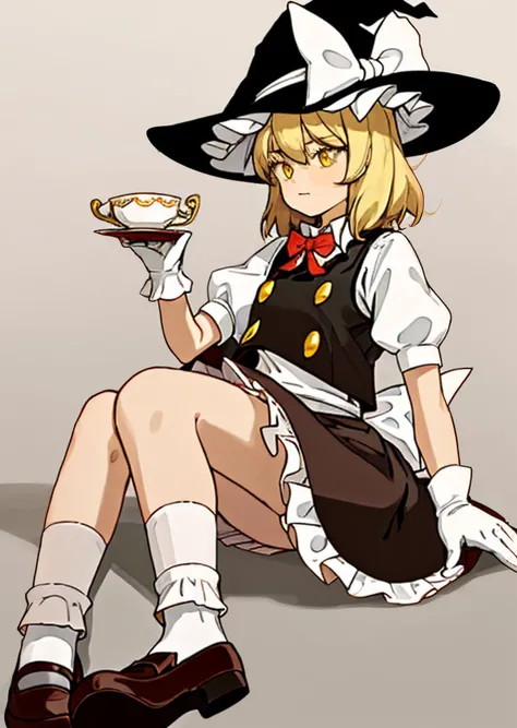 frills, hat, 1girl, brown vest, white socks, ribbon, petticoat, yellow eyes, bow, brown headwear, gloves, red bowtie, brown skirt, kirisame marisa, red bow, witch hat, frilled ribbon, brown footwear, shirt, bowtie, blonde hair, frilled sleeves, hat ribbon, red ribbon, shoes, highres, mary janes, holding cup, cup, puffy sleeves, short sleeves, puffy short sleeves, white shirt, holding, medium hair, frilled gloves, frilled hat, socks, skirt, white gloves, vest, sitting, teacup <lora:marisa_kirisame_v1:0.8>