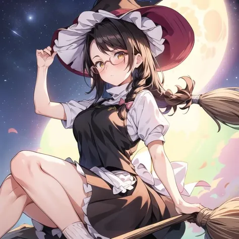 <lora:add_brightness:0.5><lora:add_detail:0.5>1 woman, large breast, embarrassed ,blush, forehead,  black hair,  glasses, single braid, hair bow
<lora:marisa_kirisame_v1:1>witch hat, hat bow, turtleneck, puffy short sleeves, black vest, dress, waist apron, white socks, mary janes ,
broom riding,
starry sky, full moon,