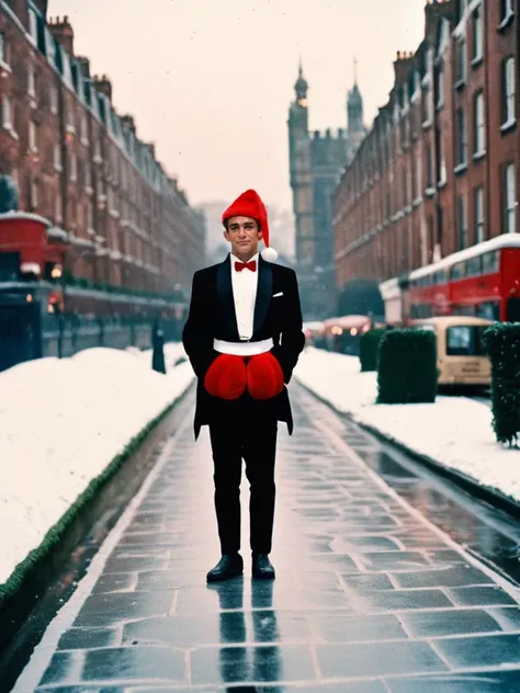 Photo of young Sean Connery standing in a snowy scene Christmas in London wearing a black tuxedo and a (red Santa hat:1.4), Christmastime, DSLR, Fujifilm XT3   <lora:Sean Connery-000004:1>