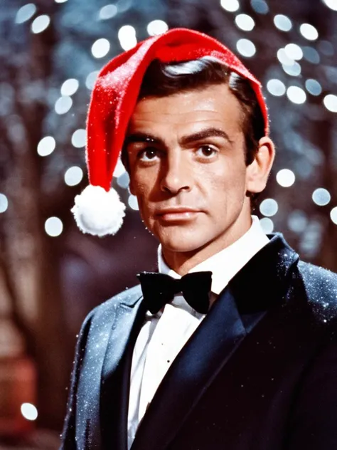 Photo of young Sean Connery standing in a snowy scene Christmas in London wearing a black tuxedo and a red Santa hat, Christmastime, DSLR, Fujifilm XT3 <lora:Sean Connery-000004:1>
