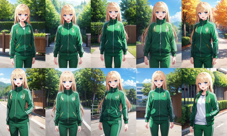 masterpiece, best quality, highres, aaeriri, long hair, fang, track jacket, green jacket, long sleeves, track pants, green pants, <lora:sawamura_spencer_eriri_v1:0.7>, standing, cowboy shot, outdoors