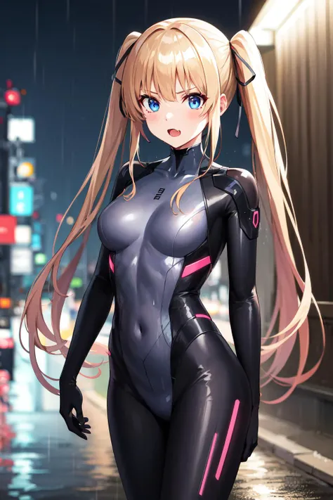 masterpiece, best quality, highres, 1girl, solo, long hair, blonde hair, double bun, drill hair, brown eyes, <lora:tenjouin_saki_v1:0.7>, cyberpunk, street, city, night, bodysuit, partially unzipped, gloves, (rainy:1.2), wet, standing,