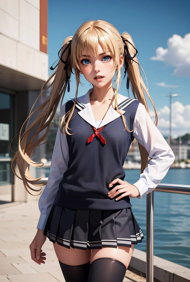 (masterpiece, best quality), 1girl, <lora:sawamura_spencer_eriri_v1:0.8> aaeriri, long hair, twintails, hair ribbon, fang, school uniform, sailor collar, white shirt, sweater vest, long sleeves, pleated skirt, black skirt, black thighhighs,