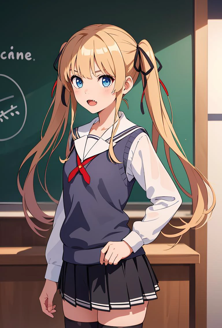 (masterpiece, best quality), 1girl, <lora:sawamura_spencer_eriri_v1:0.8> aaeriri, long hair, twintails, hair ribbon, fang, school uniform, sailor collar, white shirt, sweater vest, long sleeves, pleated skirt, black skirt, black thighhighs,