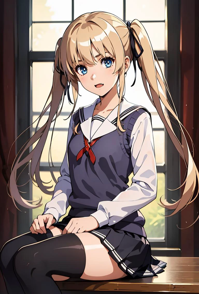 (masterpiece, best quality), 1girl, <lora:sawamura_spencer_eriri_v1:0.8> aaeriri, long hair, twintails, hair ribbon, fang, school uniform, sailor collar, white shirt, sweater vest, long sleeves, pleated skirt, black skirt, black thighhighs,