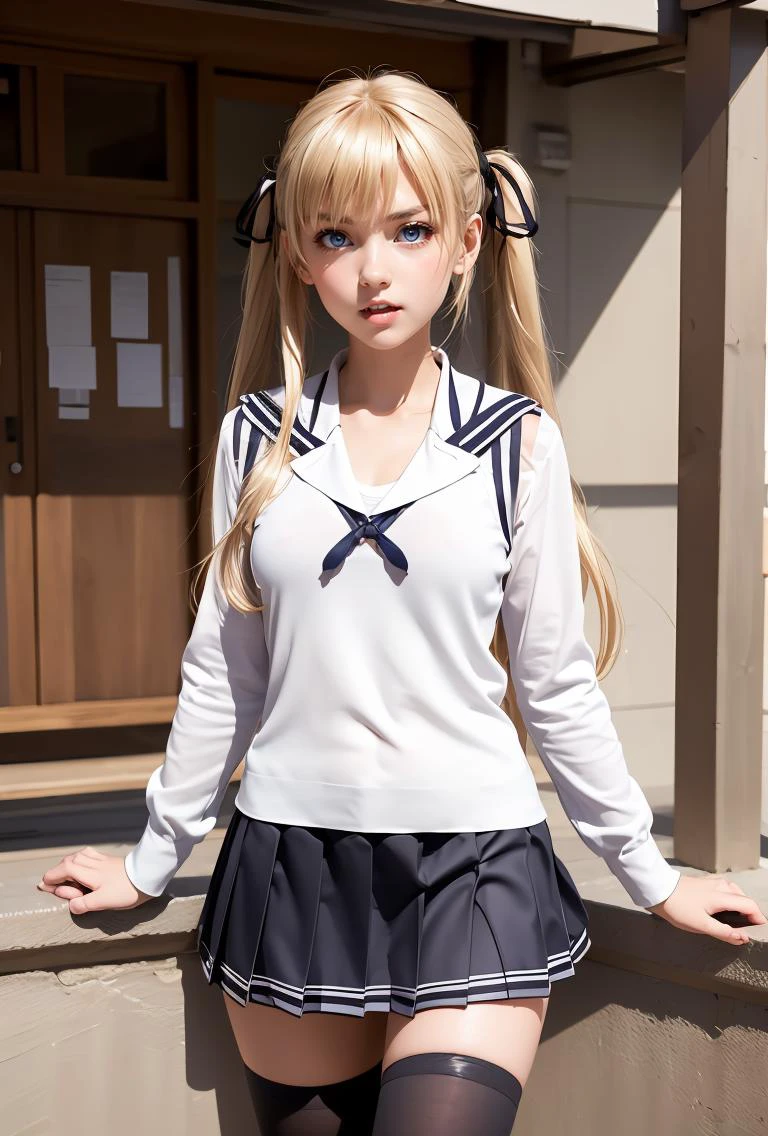 (masterpiece, best quality), 1girl, <lora:sawamura_spencer_eriri_v1:0.8> aaeriri, long hair, twintails, hair ribbon, fang, school uniform, sailor collar, white shirt, sweater vest, long sleeves, pleated skirt, black skirt, black thighhighs,