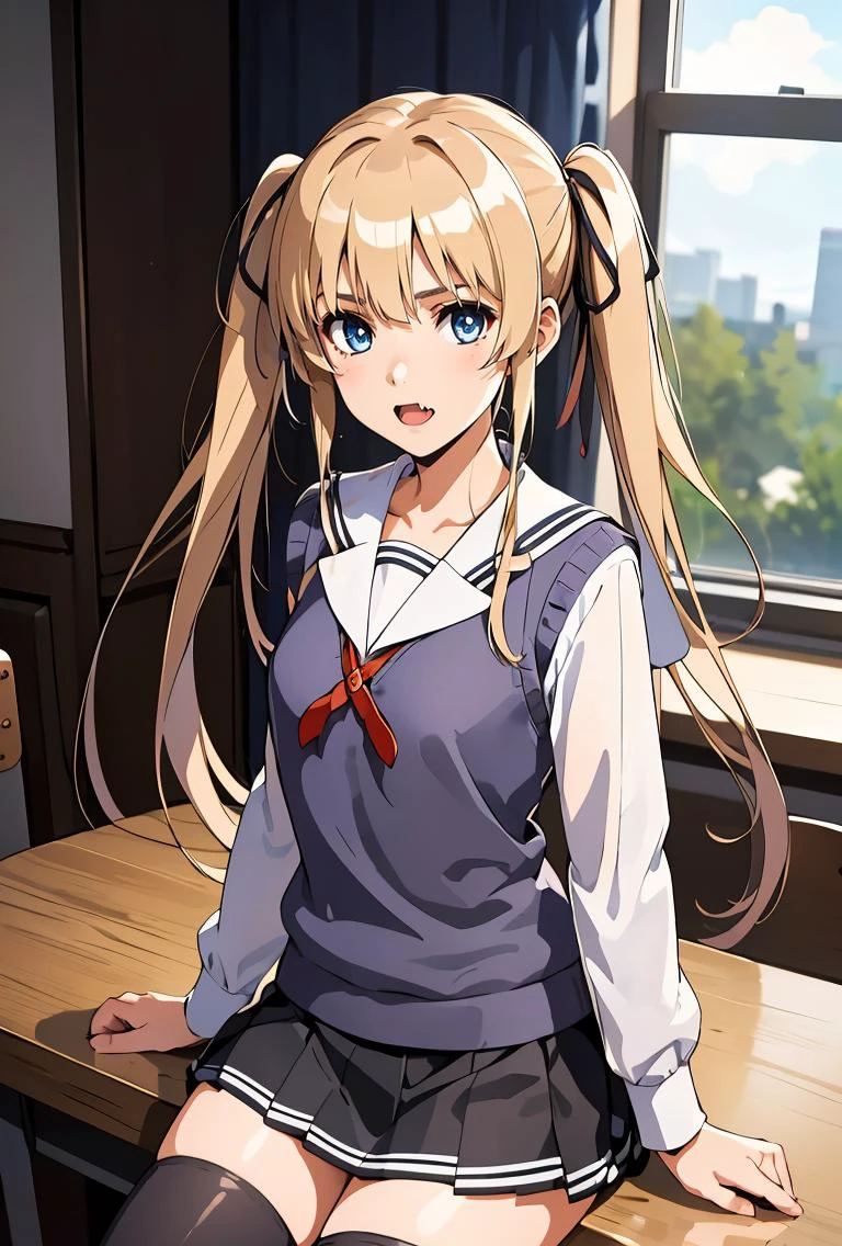 (masterpiece, best quality), 1girl, <lora:sawamura_spencer_eriri_v1:0.8> aaeriri, long hair, twintails, hair ribbon, fang, school uniform, sailor collar, white shirt, sweater vest, long sleeves, pleated skirt, black skirt, black thighhighs,