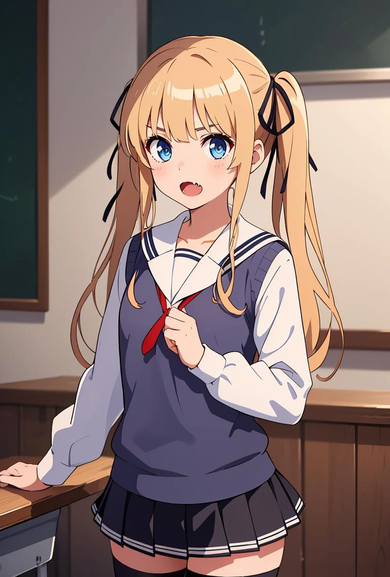 (masterpiece, best quality), 1girl, <lora:sawamura_spencer_eriri_v1:0.8> aaeriri, long hair, twintails, hair ribbon, fang, school uniform, sailor collar, white shirt, sweater vest, long sleeves, pleated skirt, black skirt, black thighhighs,