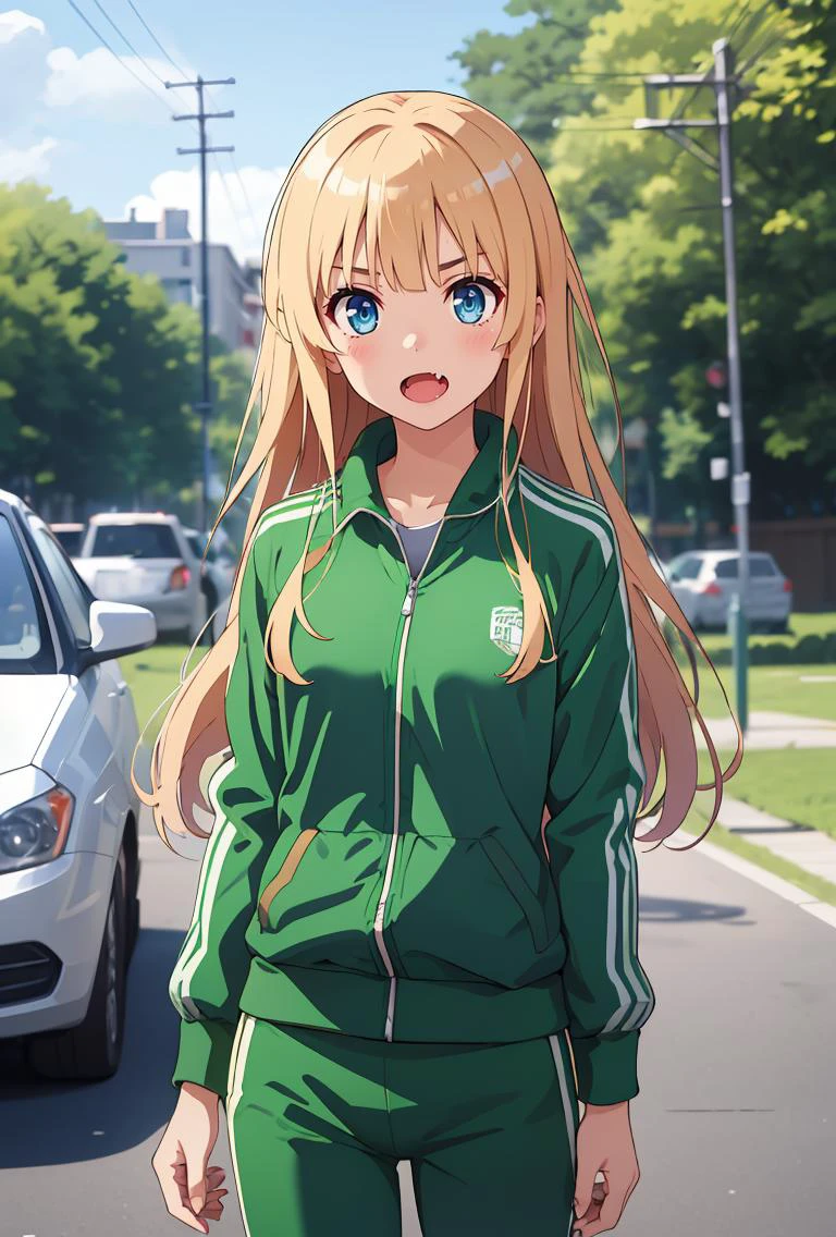 (masterpiece, best quality), 1girl, <lora:sawamura_spencer_eriri_v1:0.8> aaeriri, long hair, fang, track jacket, green jacket, long sleeves, track pants, green pants,