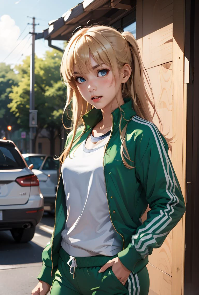 (masterpiece, best quality), 1girl, <lora:sawamura_spencer_eriri_v1:0.8> aaeriri, long hair, fang, track jacket, green jacket, long sleeves, track pants, green pants,