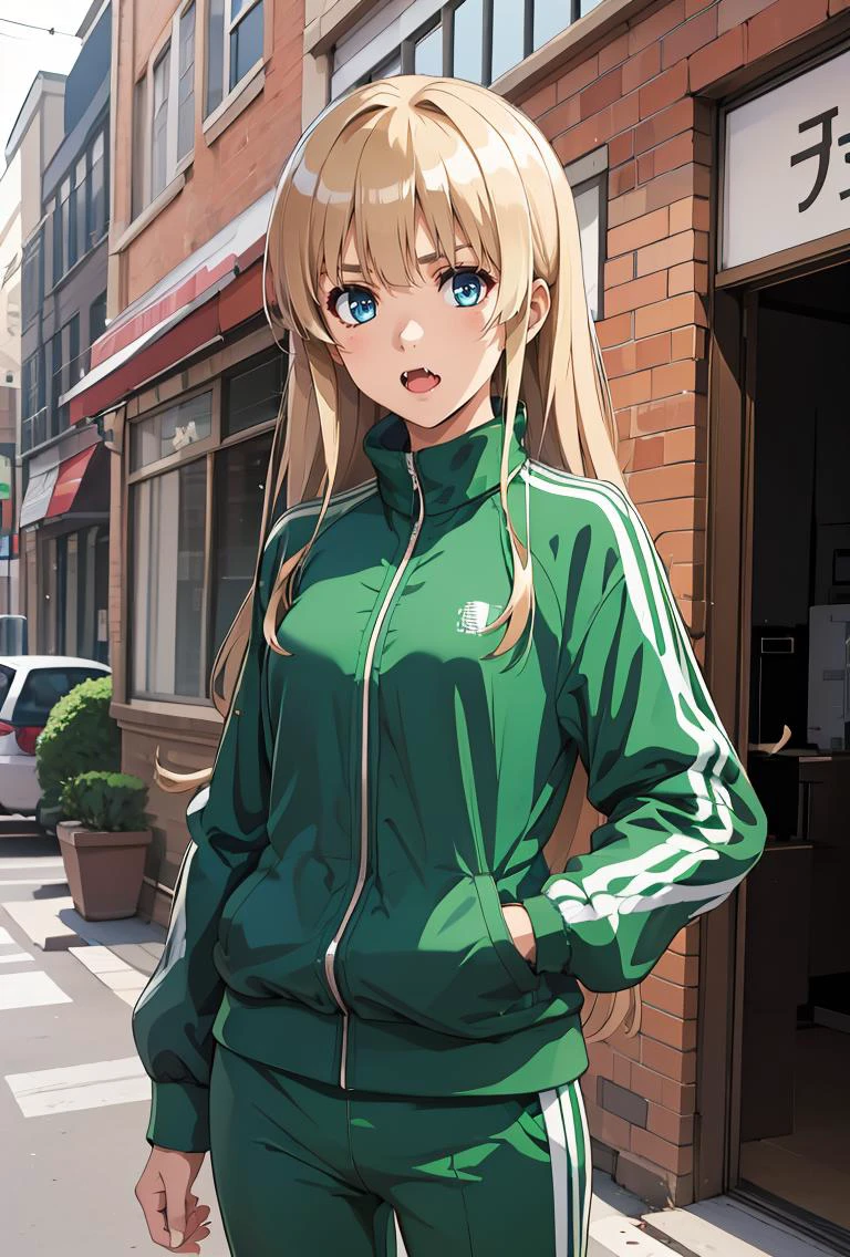 (masterpiece, best quality), 1girl, <lora:sawamura_spencer_eriri_v1:0.8> aaeriri, long hair, fang, track jacket, green jacket, long sleeves, track pants, green pants,