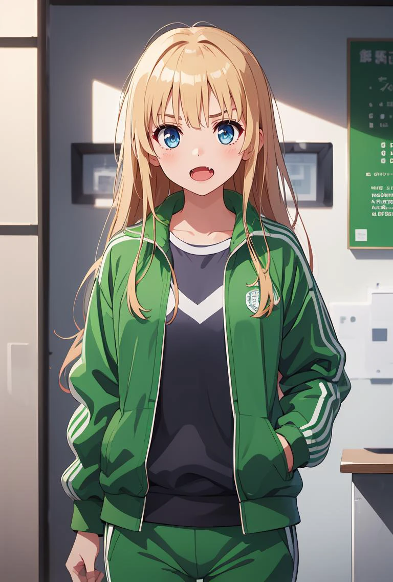 (masterpiece, best quality), 1girl, <lora:sawamura_spencer_eriri_v1:0.8> aaeriri, long hair, fang, track jacket, green jacket, long sleeves, track pants, green pants,